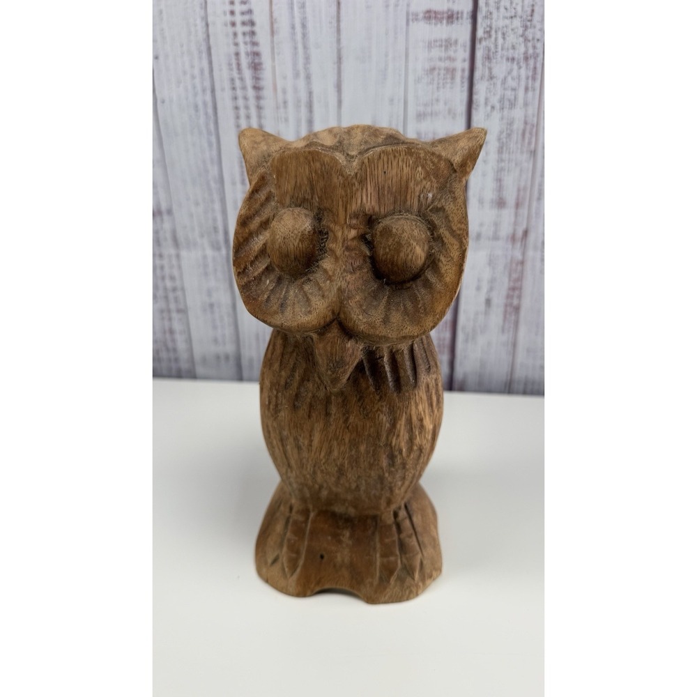 Vintage Hand Carved Wooden Owl Sculpture Statue Figurine MCM 8" Tall Home Decor